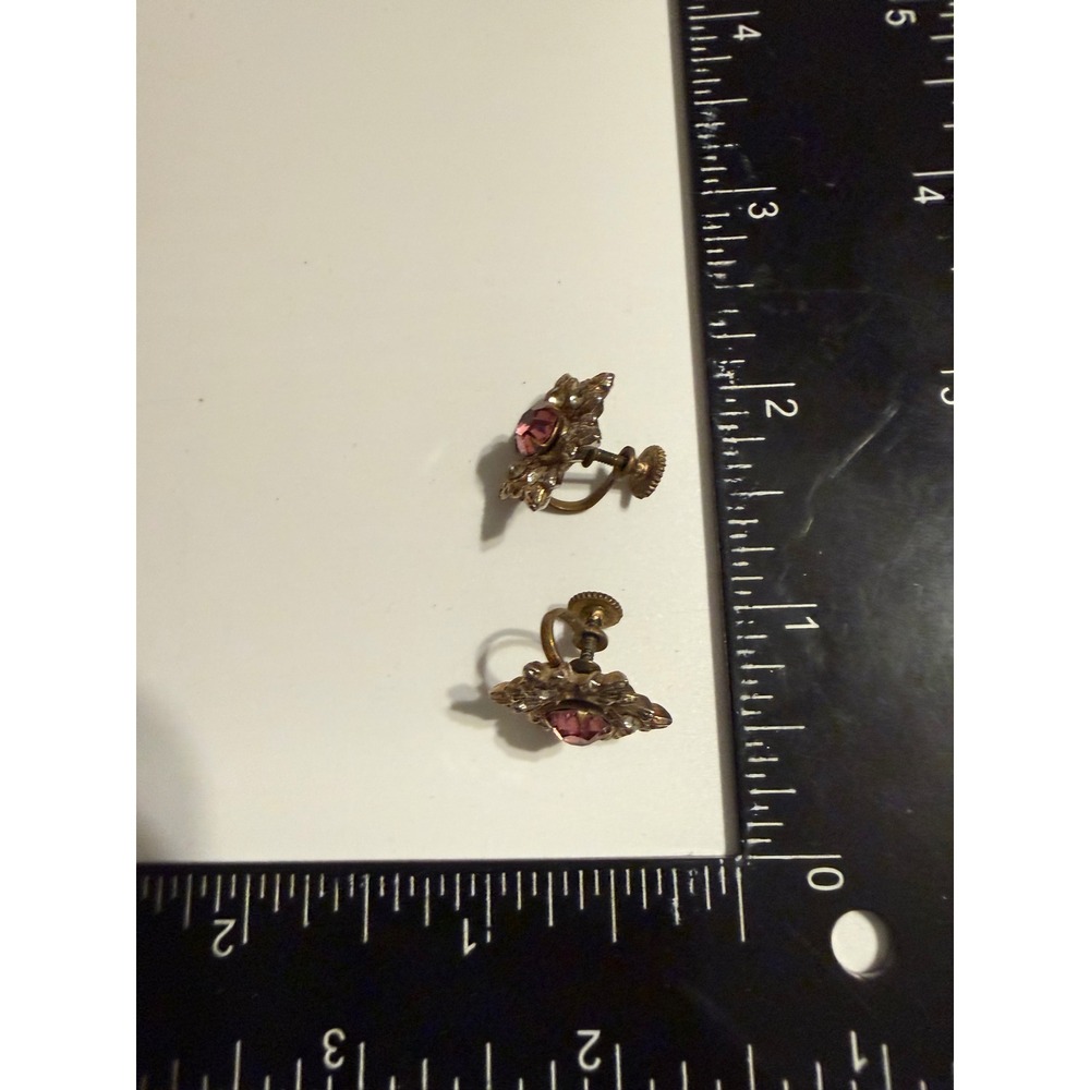 Vintage Pink Rhinestone Flower Screw Back Earrings Gold Tone Crystal Starburst - Picture 3 of 3